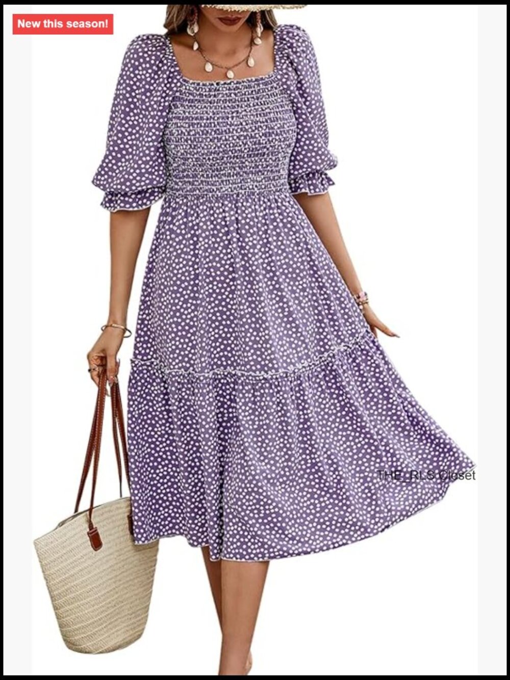 Puff Sleeve Square Neck A Line Flowy Boho Smocked Midi Dress